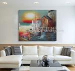 Sunrise Senery Orange Boats Oil Painting Sailboat Canvas Art For Parlour