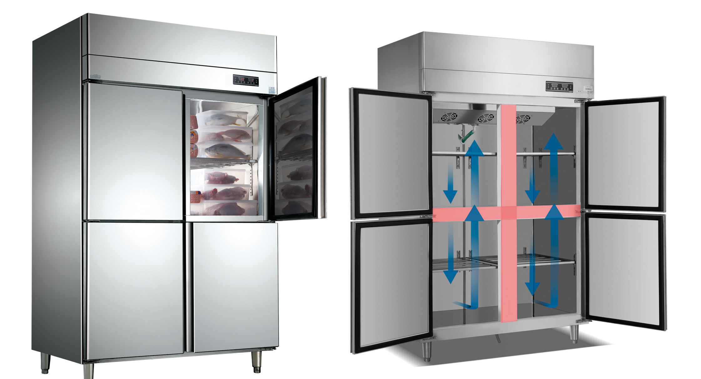 Four Door Commercial Kitchen Fridge Freezer Food Grade Wind Cooled Frost Free