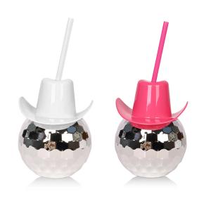 Quality Pink Cowboy Hat Disco Ball Cup With Straw 600ml 20oz Food Grade Plastic wholesale