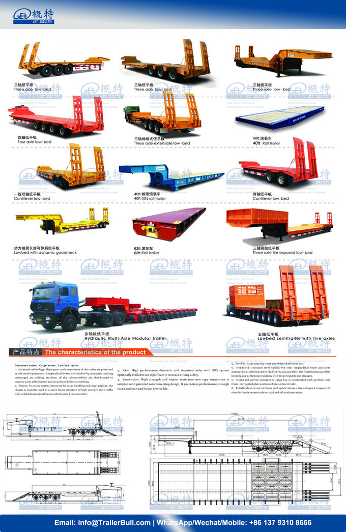 13m 50T Super lower Clearance Low Bed Semi Trailer with 2 axles and Tire Exposed 4