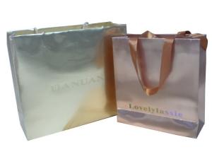 Quality Eco-friendly 200g Golden Paper Carrier Bag With Glued Ribbon Handle, Logo Stamped wholesale