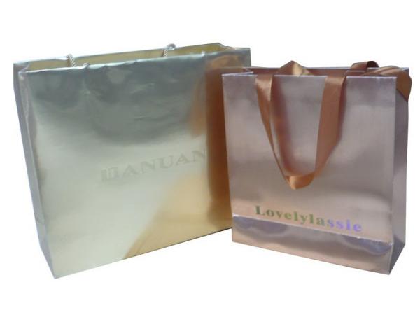 Eco-friendly 200g Golden Paper Carrier Bag With Glued Ribbon Handle, Logo