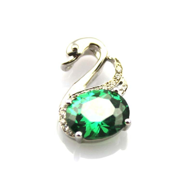 925 Sterling Silver Oval Green Cubic Zircon Swan Pendant Necklace (PSJ090)