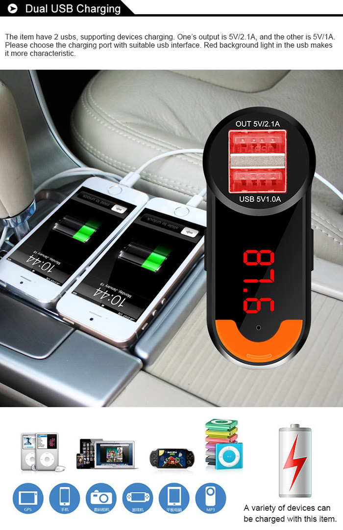 Multifunction Colorful Car Audio Bluetooth Adapter With Digital Tube Display