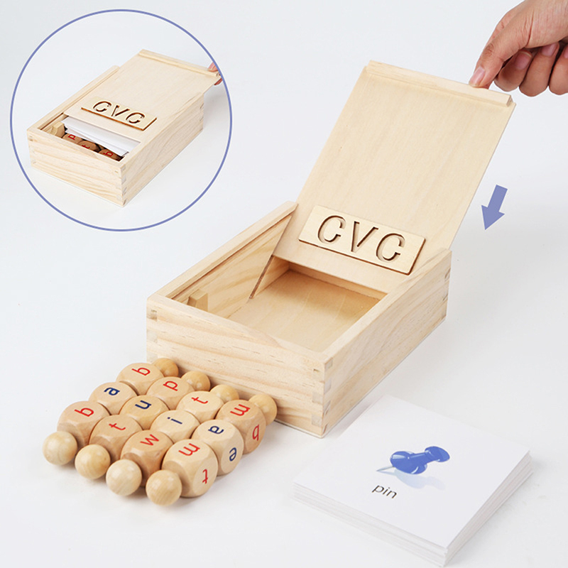 Montessori Wooden Reading Blocks Rotating Letter Spinning Alphabet Learning