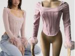 Custom Clothing Women'S Square Neck Long Sleeve Slim Short Top WITH Boning