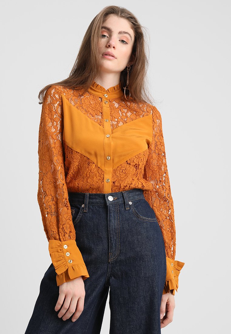 2019 Fall Apparel for Women New Arrival Lace Brown Long Sleeve Blouse Tops