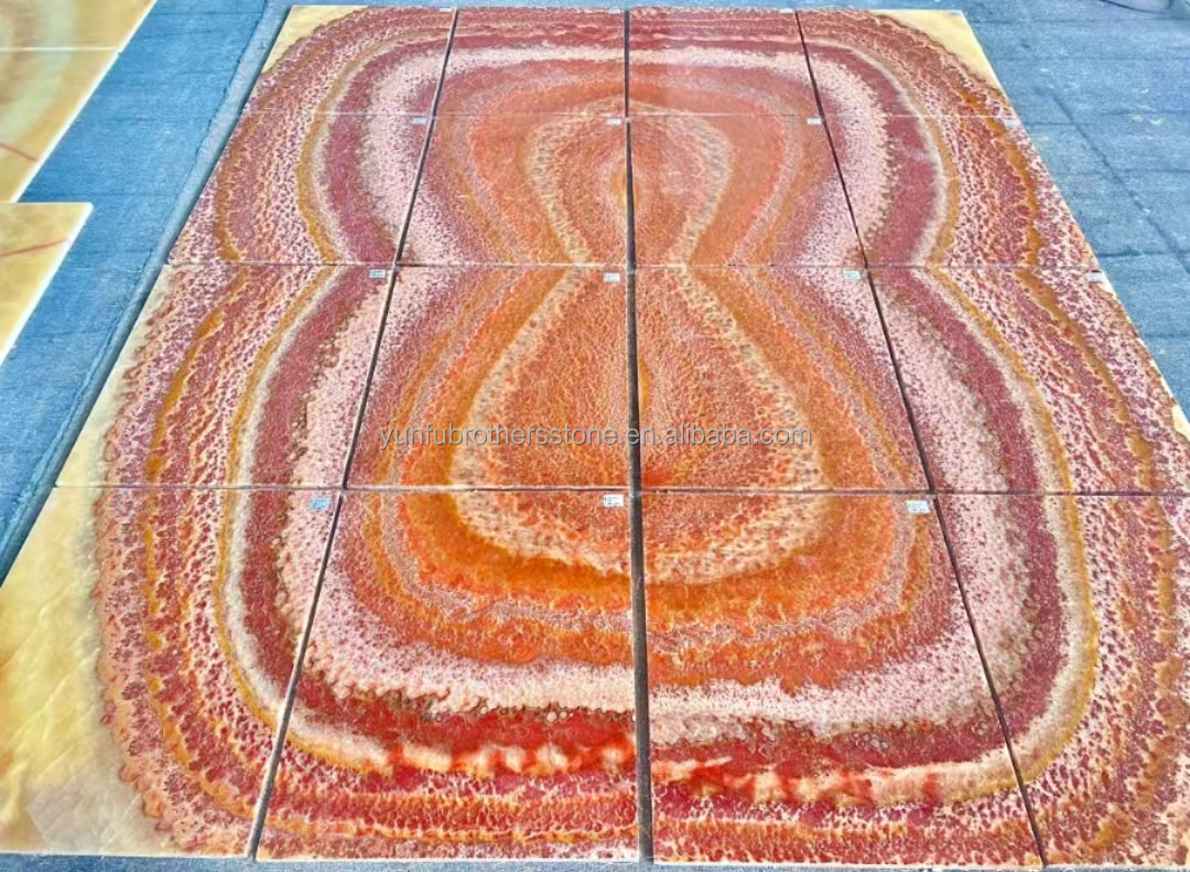Backlit Red Onyx Marble Stone Book Matched Slab for Transparent Marble Table Pattern