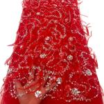 Popular red 3d feathers lace tulle net sequins lace dress french fabric wedding
