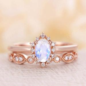 Quality Blue Natural Moonstone Ring Set , 14K Rose Gold Moonstone Stacking Rings wholesale