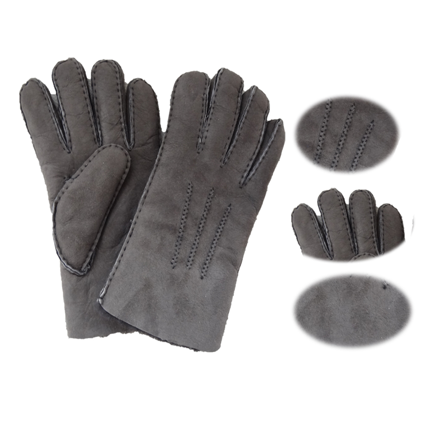 Winter Lamb Fur Merino Shearling Sheepskin Gloves Grey Color Fashion Style