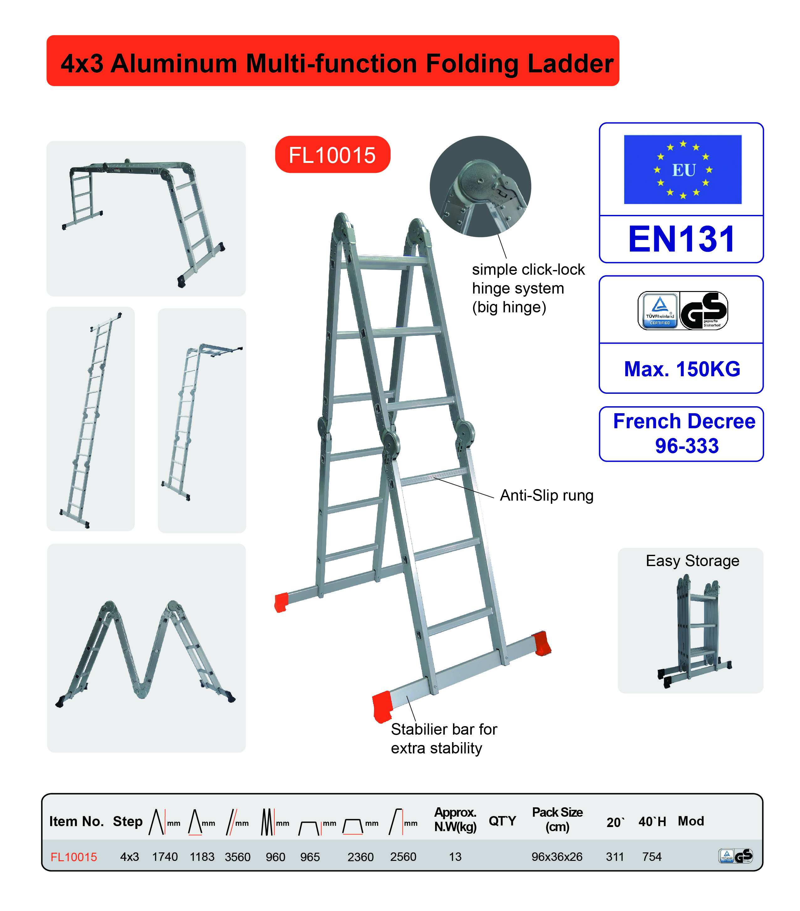GS EN131 Aluminium Multi Purpose Ladder 4x3 Anti Slip Design Work Comfortably