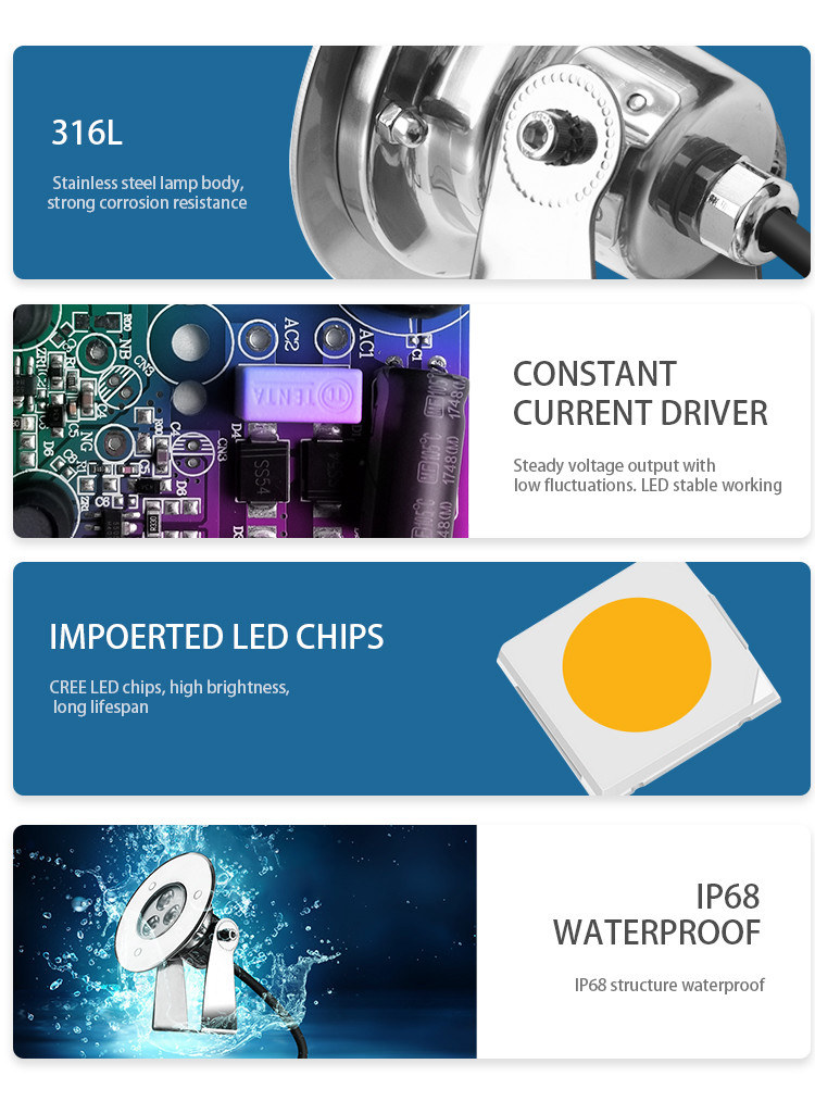 IK10 90LM LED Underwater Swimming Pool Lights 24V 3W SS316L