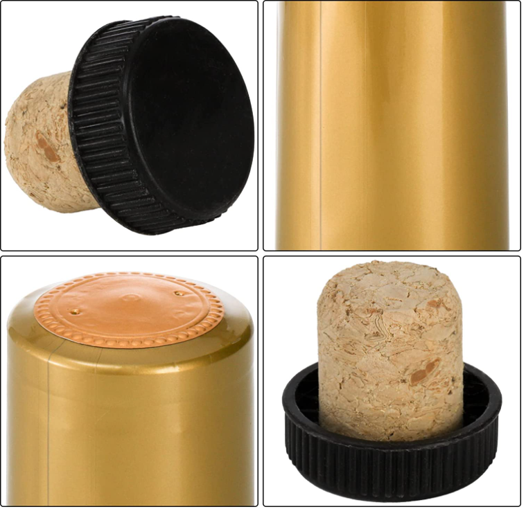 OEM ODM Custom Wine Bottle Cork With Black Plastic Top Gold PVC Shrink Capsule