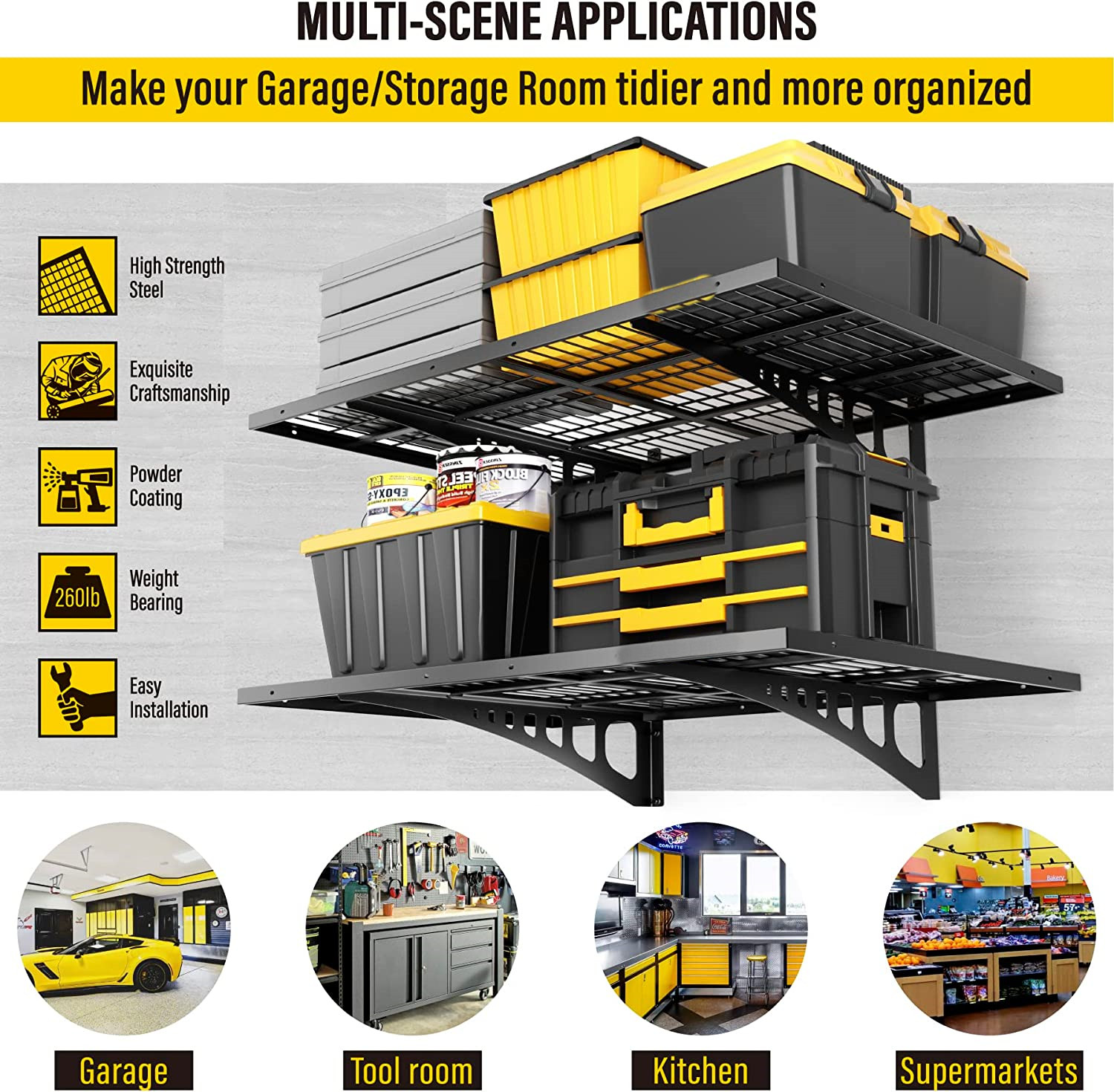 Single Tier Metal Garage Storage Wall Shelving Mounted Heavy Duty Sturdy Wall Shelves Strong Garage Organiser