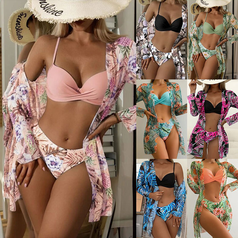 Tether Three Piece Swimwear Pleated Skirt 3 Piece Swimsuit With Cover Up Chiffon