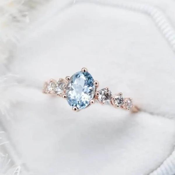 Delicate Fantastic S925 Sterling Silver Rose Gold Round Cz Oval Blue Aquamarine