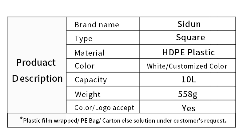 Durable Square HDPE Plastic Jerry Can 10L Height 317mm
