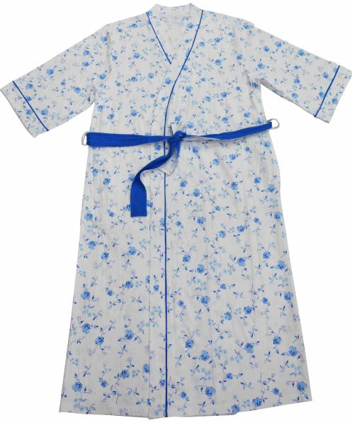 Ladies Cotton Jersey Blue Floral Printed Bath Robe Kimono Wrap Blue Piping 3/4