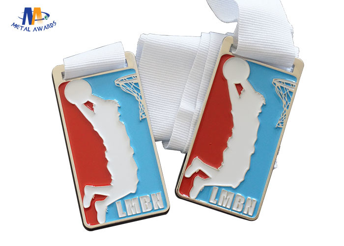 Rectangle Custom Engraved Medals Shiny Silver Finish Metal With White Woven And Backside Sandblast Medailles