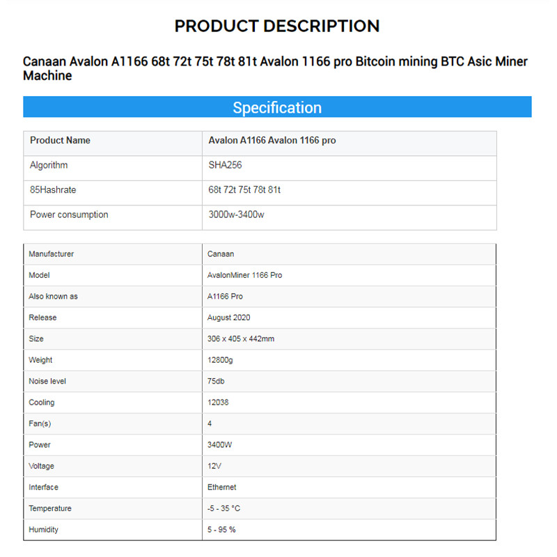 Avalon A1166 Canaan Avalonminer 1166 Pro 68t 72t 75t 78t 81t Bitcoin mining