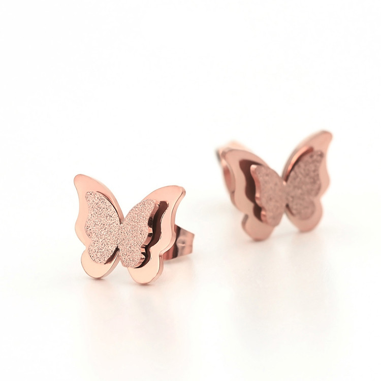 Free Shipping Stainless Steel 18K Rose Gold Plated Double Butterfly Stud Earrings For Women and Girl