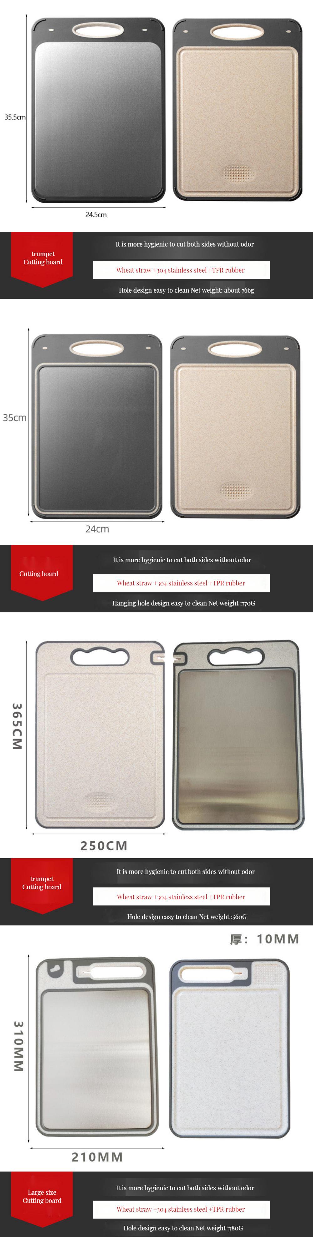 304 Stainless Steel Cutting Board Eco-friendly Bamboo Square Design Anti-Mold Plastic Frame