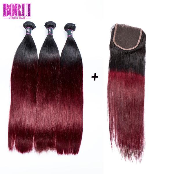 Virgin Natural Burgundy Hair 3 Bundles With 4*4 Lace Closure , Straight Hair