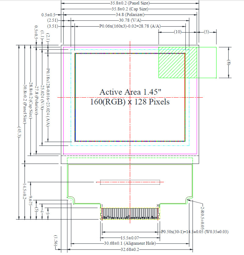 Full Color 1.45 Inch AMOLED Display UG-6028GDEEF01 SSD1333 Controller 160x128 Passive Matrix 30 Pins ZIF Connection For Medical Device
