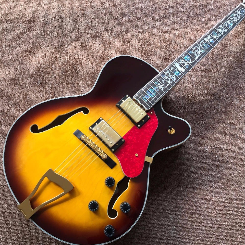 Double F hole OEM hollow body JAZZ electric guitar yellow maple top Jazz guitar free shipping
