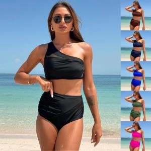 Quality Ruched Ruffles Red Green Halter Bandeau Strapless Bikini Swimwear for Beach Vacation wholesale