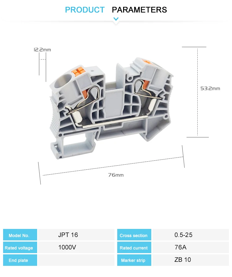 PT16 Din Rail Push-In Terminal Block, 16mm² Electrical Feed-Through Cable Plug Screwless Terminal Strip Wire Connector