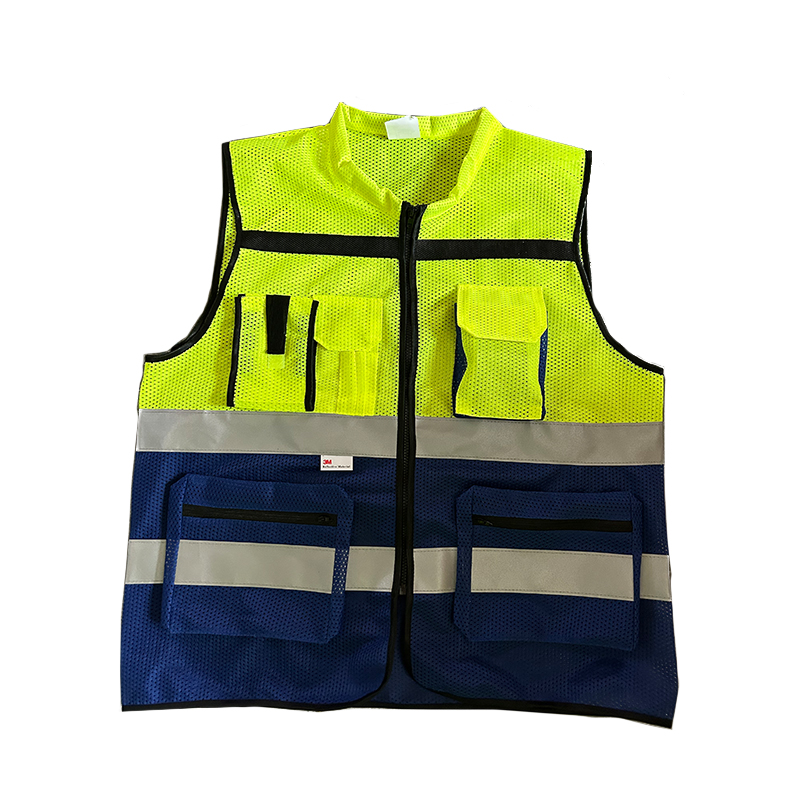 Patchwork Polyester Safety Vest With Pockets And Zipper Orange Green