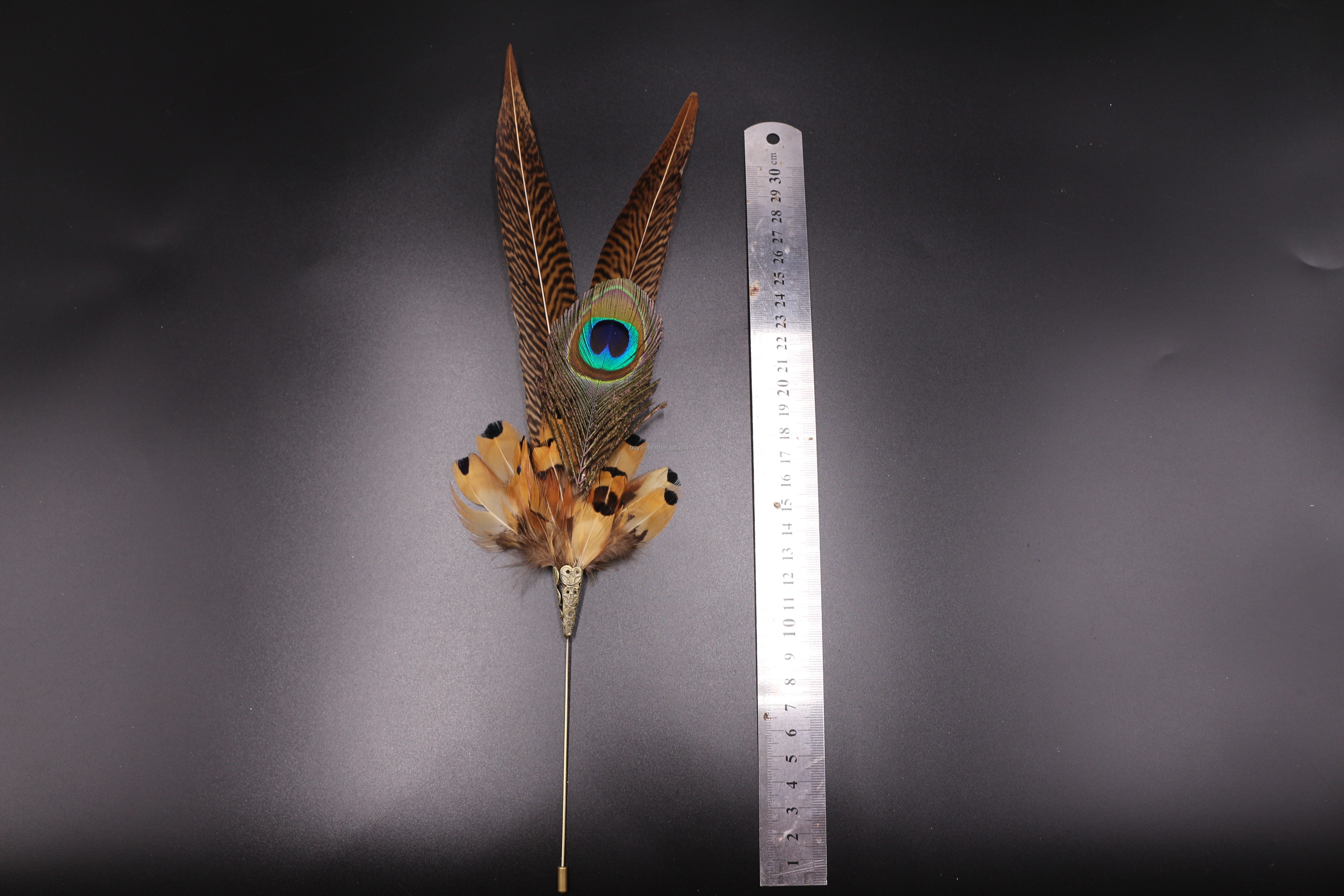 10*30 cm Brass Brooch featuring Dyed Pheasant Feather Flower Mount Detail Option