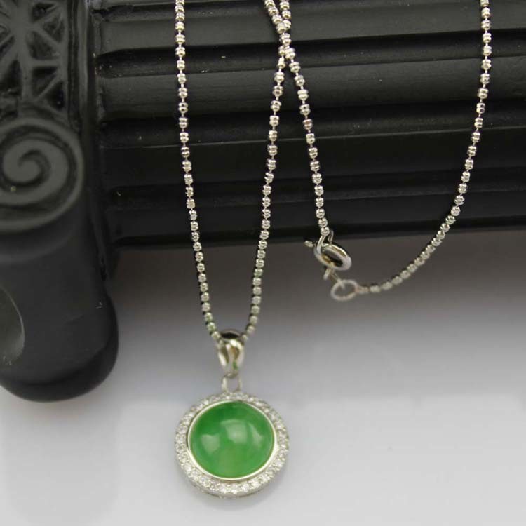 Sterling Silver Bead Chain Necklace Round 11mm Green Jade Cubic Zirconia Pendant (PSJ025)