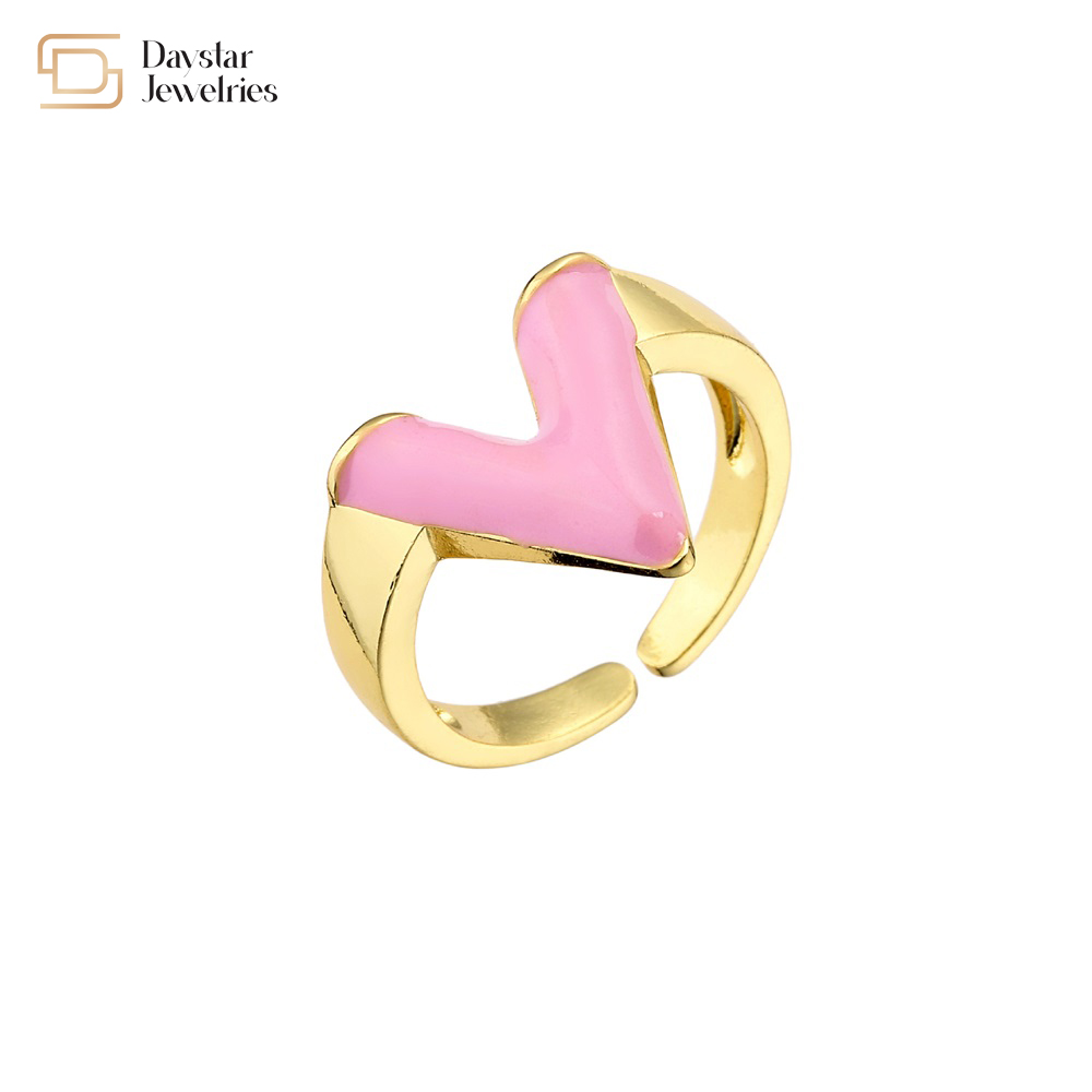 Glossy Enamel 18K Gold Plated V Letter Ring Adjustable Open Resizable
