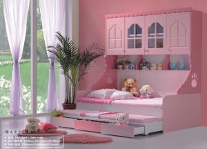Quality pink kids bed with pulled bed and wardrobe furniture,#A211 wholesale