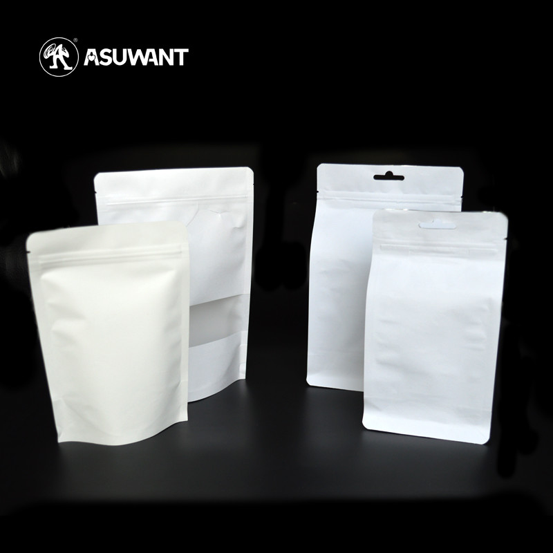 250g 500g Recyclable Stand Up Pouch White Kraft Paper Bag With Window