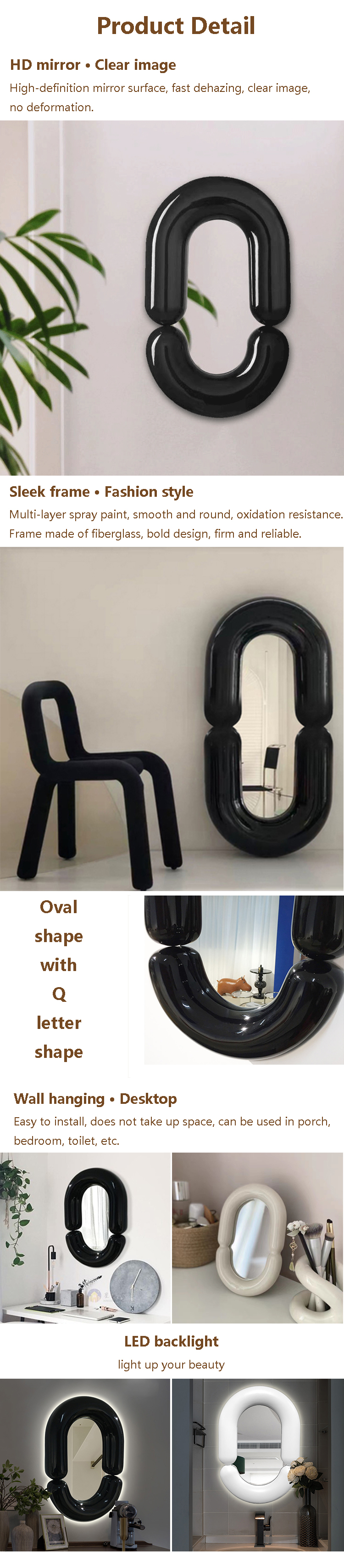 Oval Bathroom Led Wall Full Length Mirror Hanging Vanity Tall Mirror