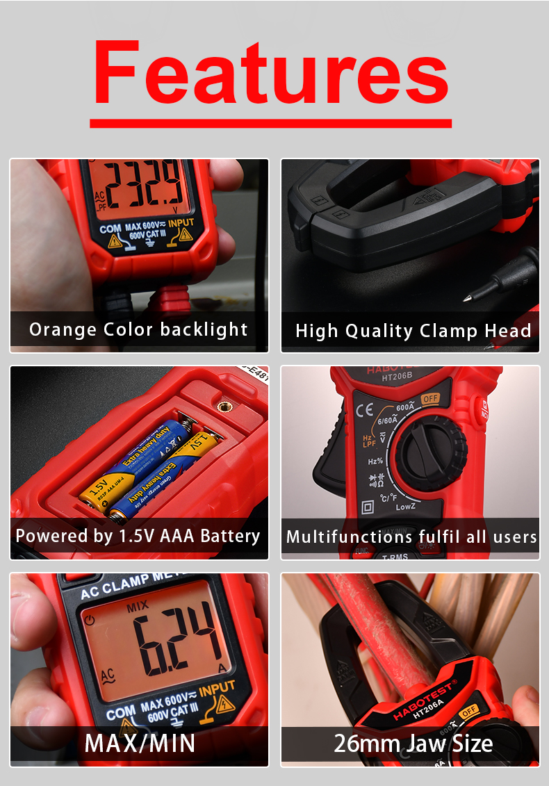 Manual 60A Digital Clamp Meters , 6000 Counts Clamp Voltage Meter