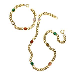 Quality stainless steel Jewelry Set colorful Oval stone Bracelet Necklace for Women wholesale
