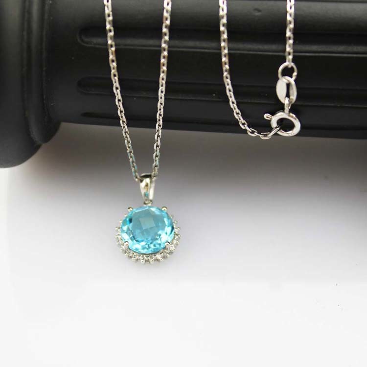 Sterling Silver Cable Chain 10mm Blue Topaz Cubic Zircon Pendant Necklace (PSJ036)