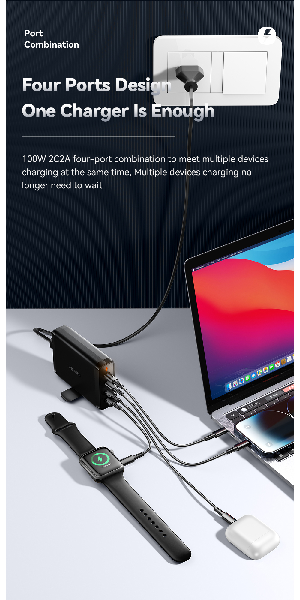 Travel Type C Desktop GaN Phone Charger Quick Charging 100w With Dual USB Ports
