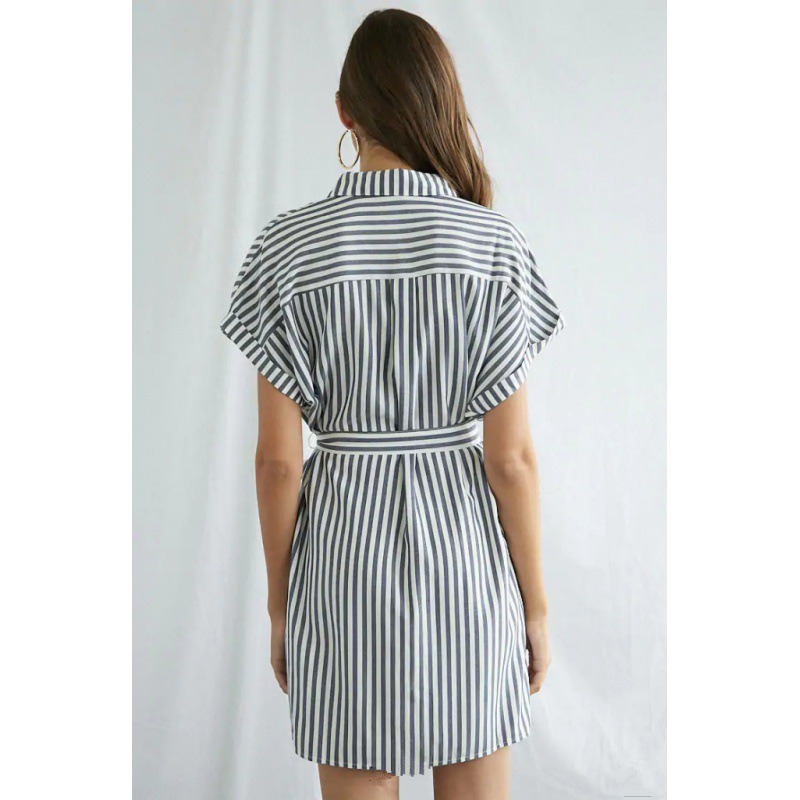 2023wish European and American Foreign Trade Cross-Border E-Commerce Hot Short Sleeve Shirt Collar Lace-up Striped Printed Dress