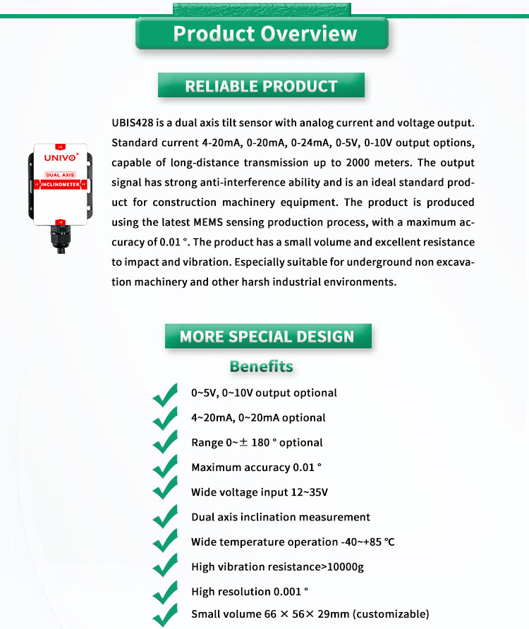 UNIVO UBIS-428 Industrial Dual Axis Inclinometer with High Accuracy and Analog Output