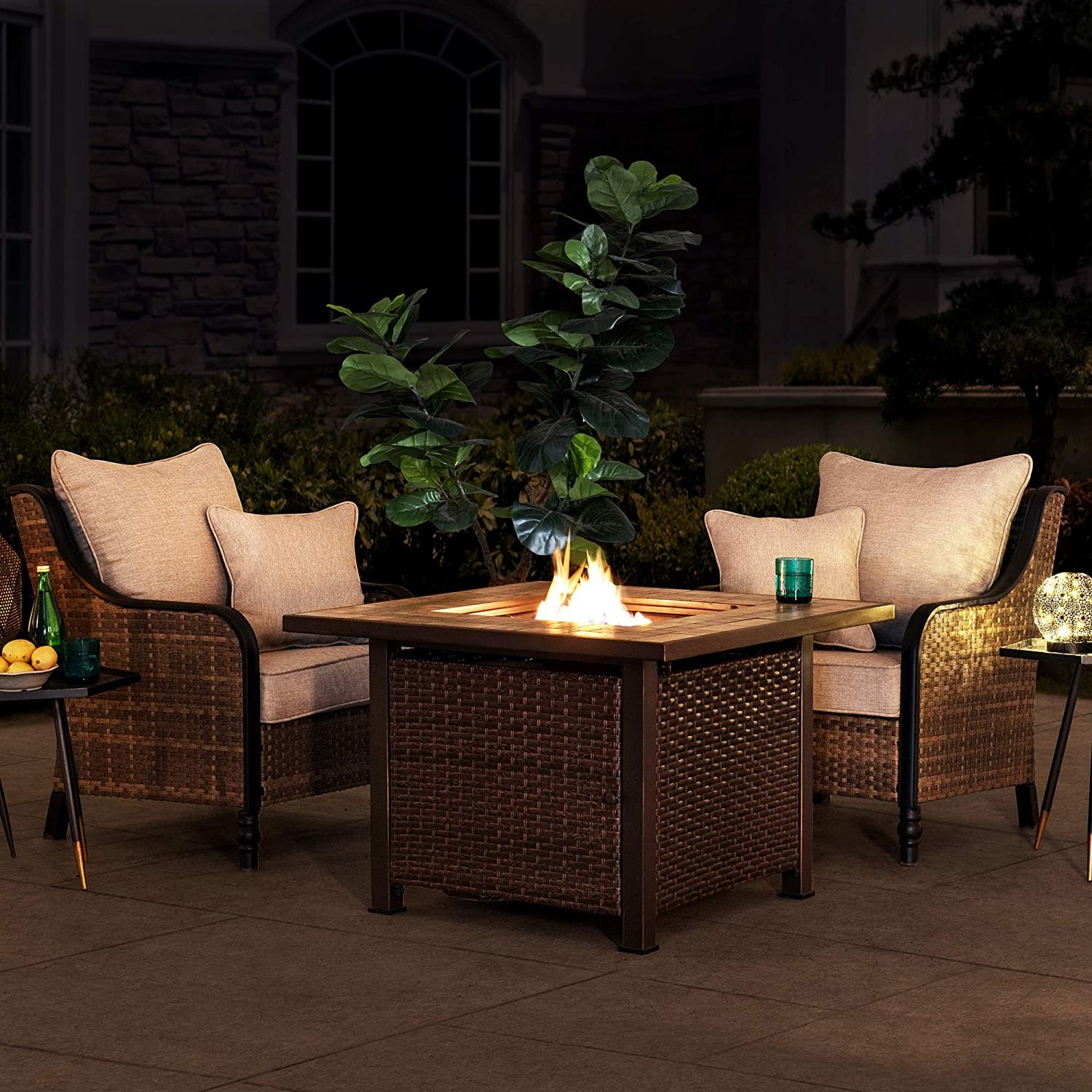 Square Tile Top Modern Propane Fire Pit With All Weather Wicker Powered Brazier