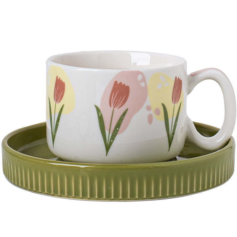 Customized Logo Flower Design Ceramic Tea Cup And Saucer Set For Restaurant For Afternoon Tea 200ml