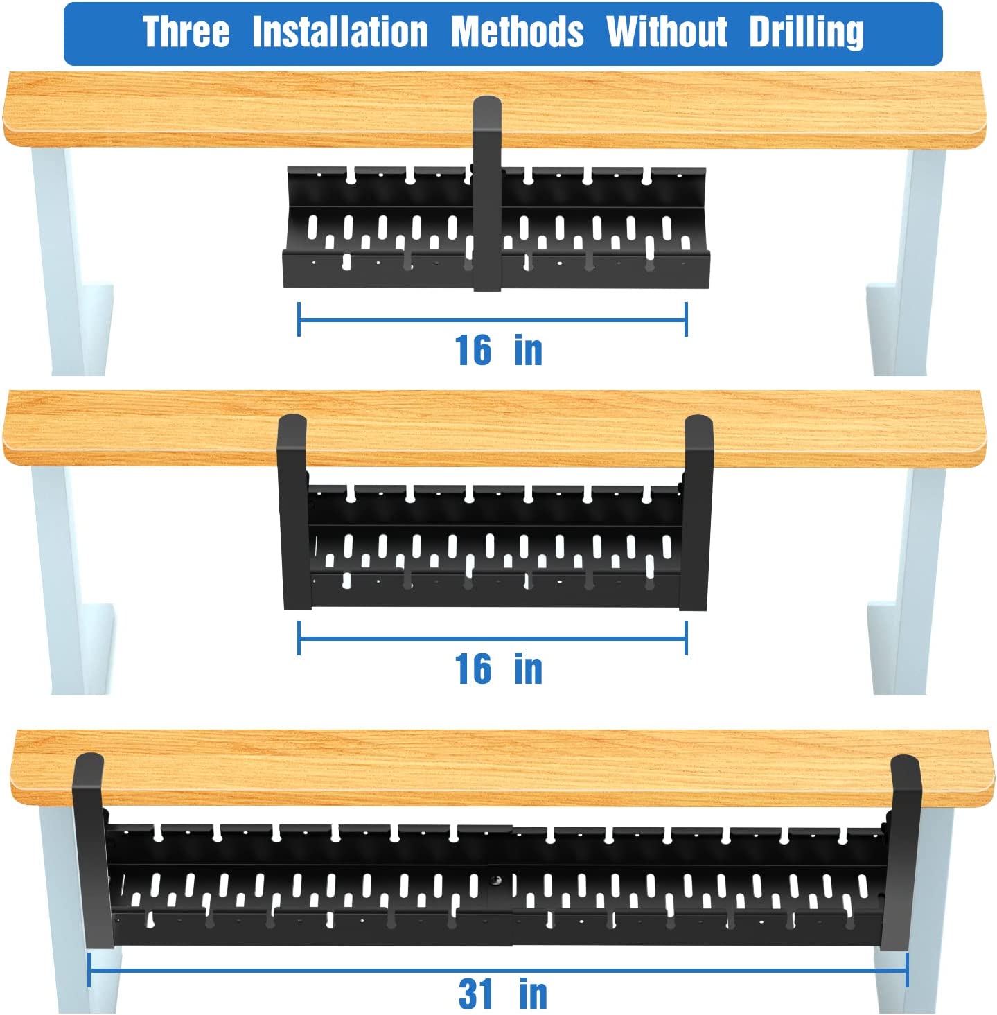 Under Desk Cable Management Made Easy with 31Inch Retractable Power Strip Cord Holder