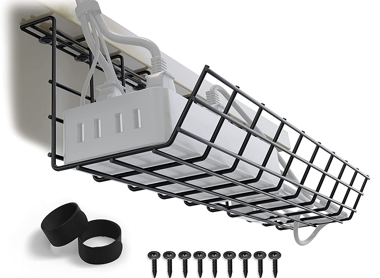 Organize Power Strip Wires Under Desk with Flexible Single Tier Cable Management Tray