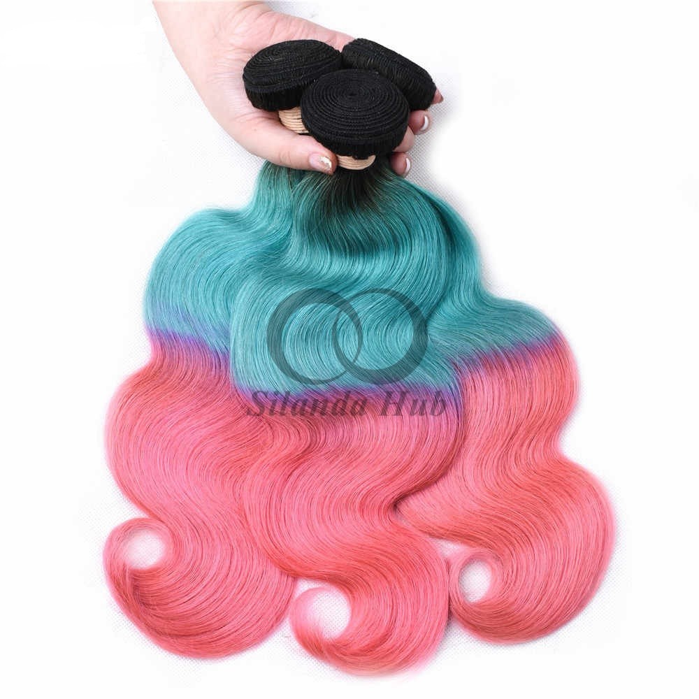 #T1B/Light Blue/Pink Body Wave Remy Human Hair Bundles Sew In Weave Bundles Brazilian Bundle Deals